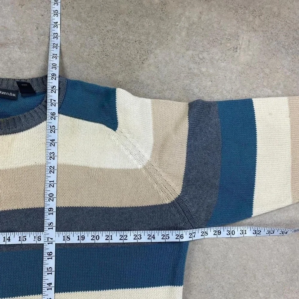 Vintage 90s St Johns Bay Sweater Size XL Blue Gray Striped Knit Pullover Boho